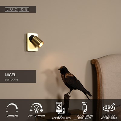 Lucide NIGEL - Bettlampe / Wandleuchte - LED Dim to warm - GU10 - 1x5W 2200K/3000K - Mit USB-Ladepunkt - Mattes Gold / Messing
